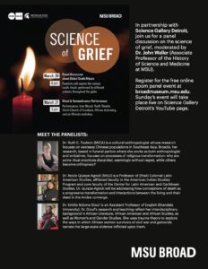 Flyer for the MSU Broad Science of Grief event, March 20th at 6pm and March 21st at 3pm