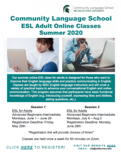 Community Language School ESL Adult Online Classes Summer 2020 @ Online Classes | Michigan | United States