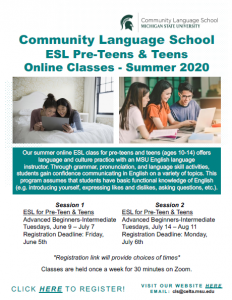 Community Language School ESL Pre-Teens & Teens Online Classes - Summer 2020 @ Online Classes | Michigan | United States